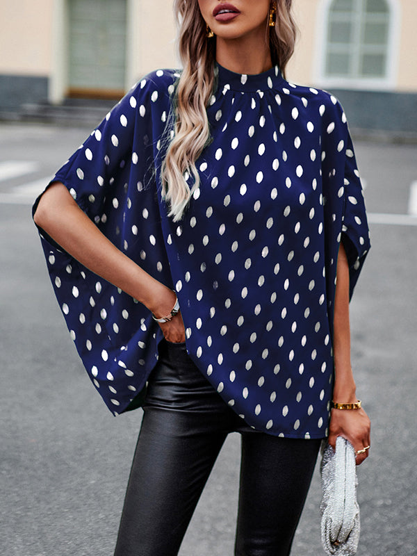 Loose Bandage Polka Dot Round-Neck Blouses&Shirts Tops