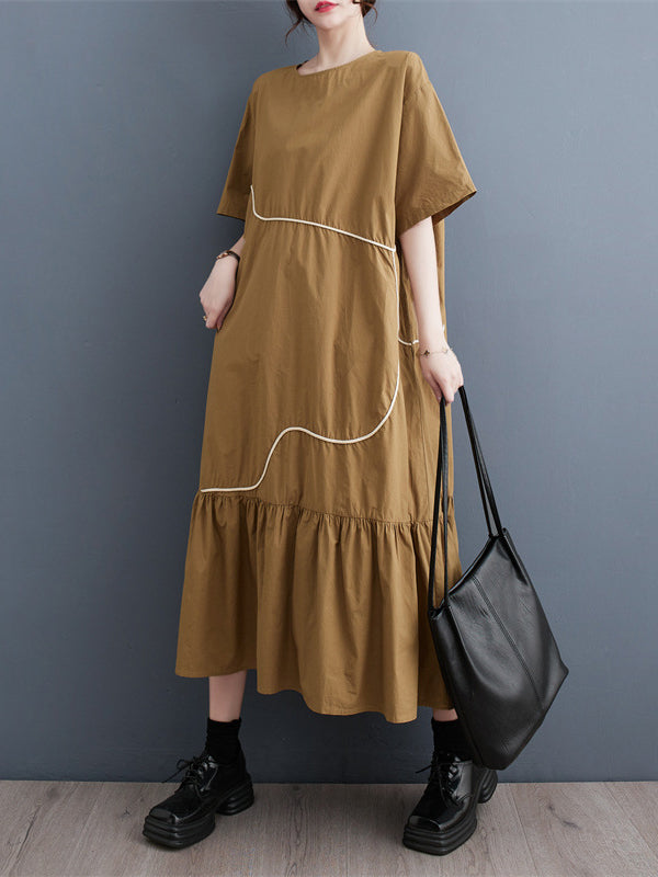 Loose Short Sleeves Pleated Split-Joint Round-Neck Midi Dresses