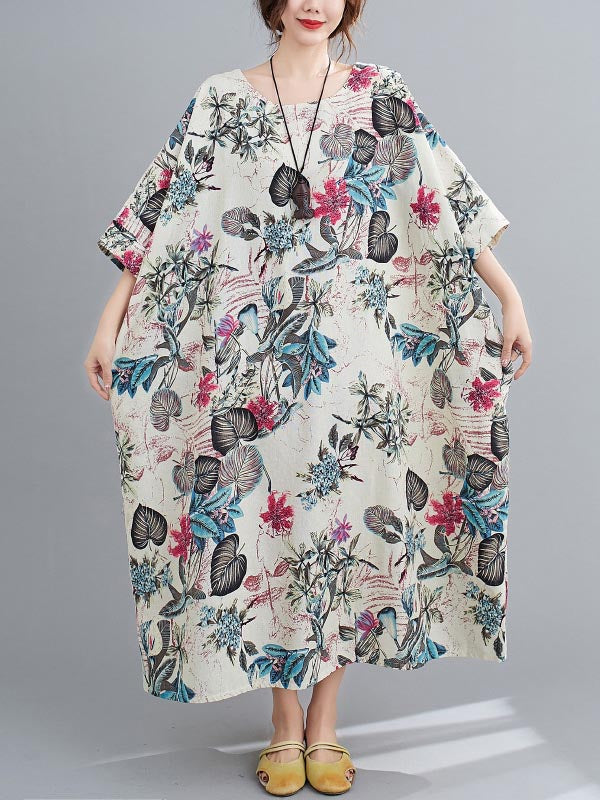 Vintage Floral Round-Neck Dress