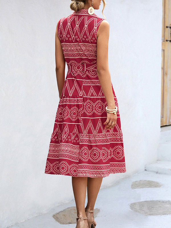 Sleeveless Buttoned Printed Tied Waist Lapel Collar Midi Dresses