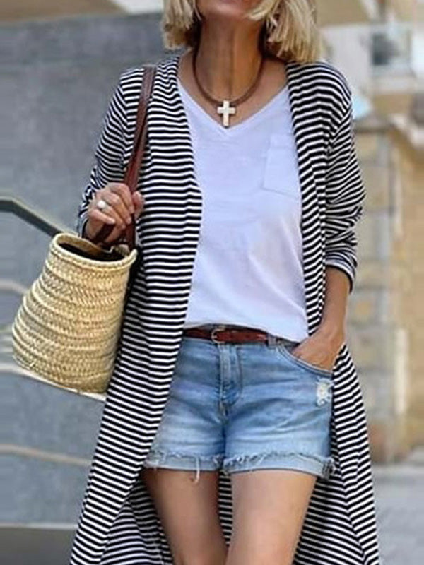 Long Sleeves Loose Contrast Color Striped Collarless Cardigan Coats