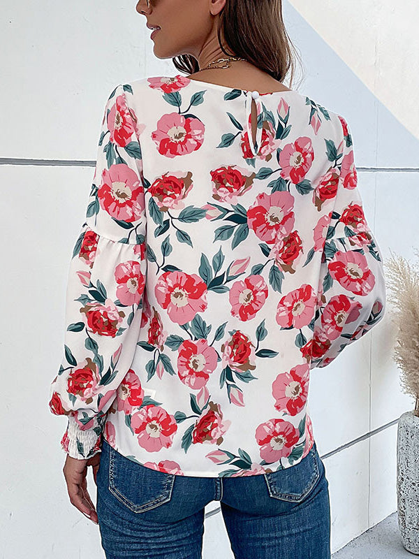 Long Sleeves Loose Elasticity Flower Print Round-Neck Blouses&Shirts Tops