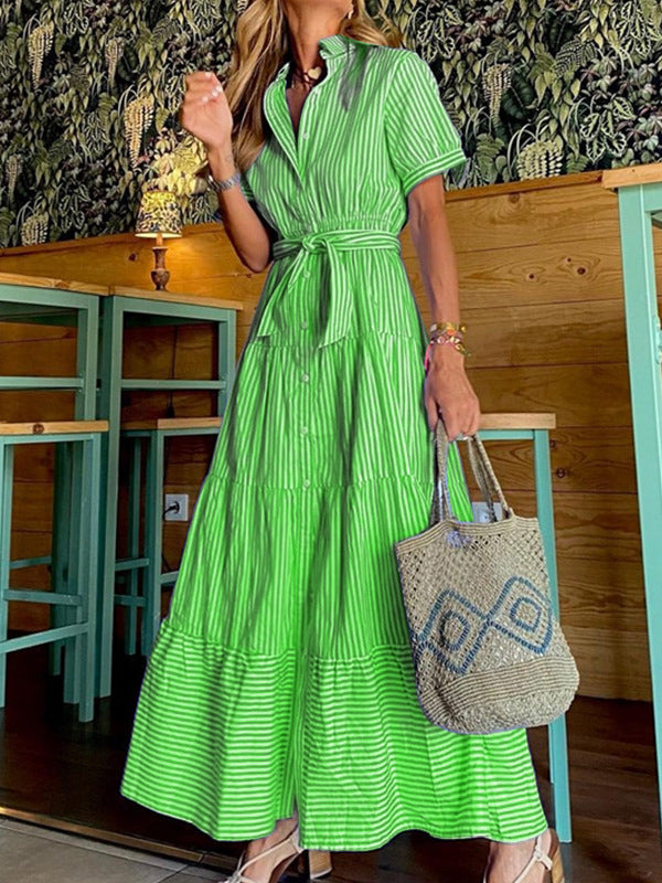 Loose Short Sleeves Striped Lapel Maxi Dresses