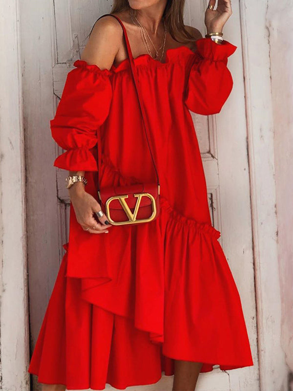 Loose Irregularity Falbala Solid Color Off-The-Shoulder Midi Dresses