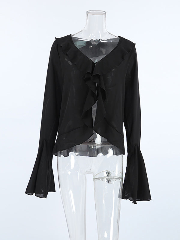 Flared Sleeves Long Sleeves Ruffled See-Through Split-Joint Lapel Blouses&Shirts Tops