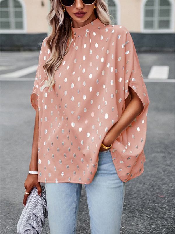 Loose Bandage Polka Dot Round-Neck Blouses&Shirts Tops