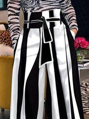 High Waisted Loose Striped Tied Waist Pants Trousers