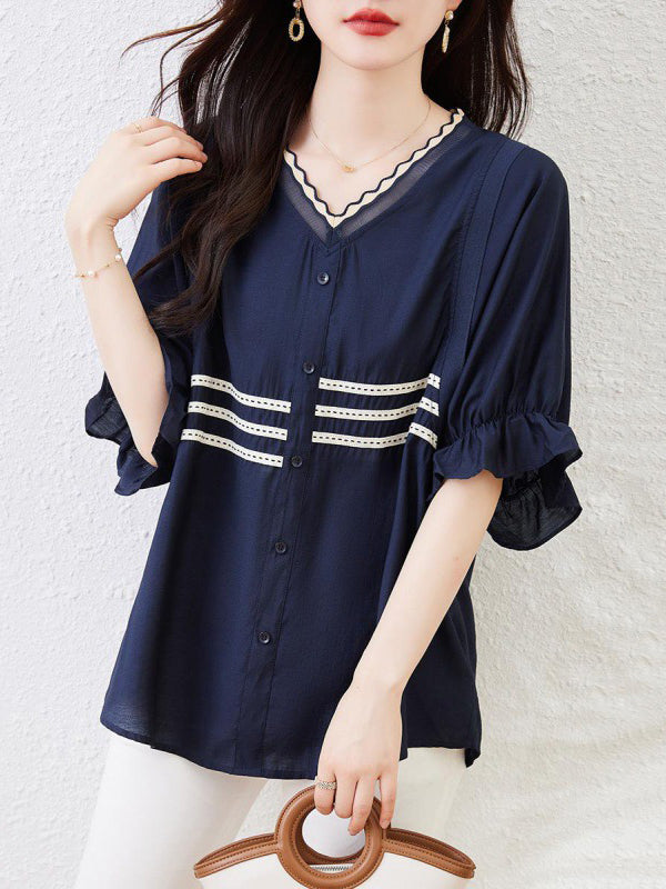 Flared Sleeves Half Sleeves Asymmetric Buttoned Pleated Ruffled Striped V-Neck Blouses&Shirts Tops