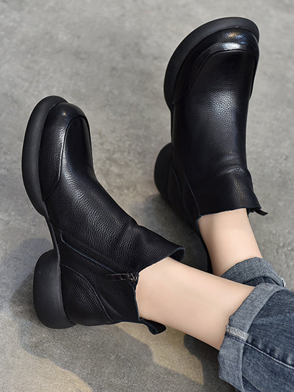 Round-Toe Solid Color Zipper Boots