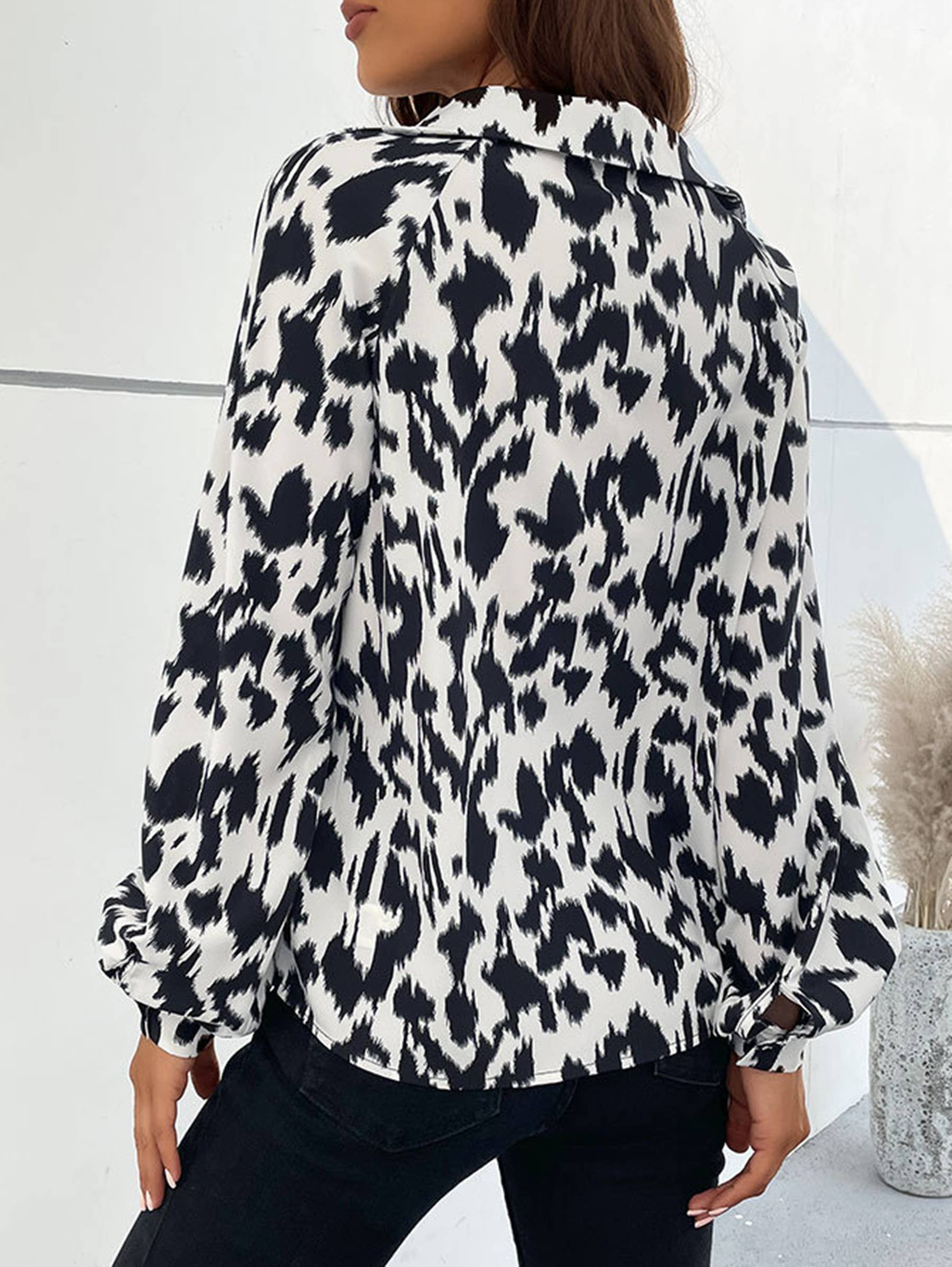 Lapel Long Sleeve Leopard Pattern Shirt For Women