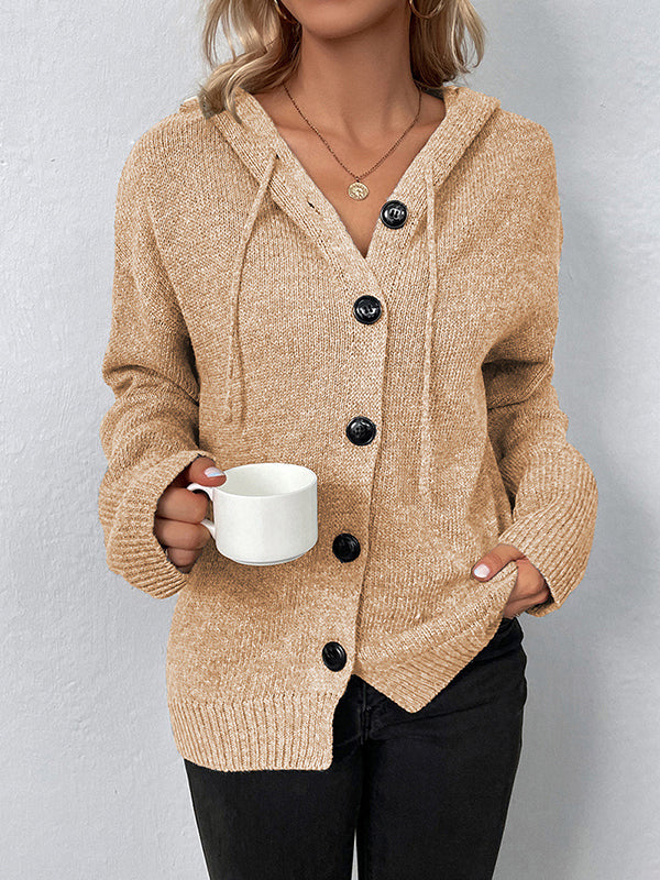 Wrap Buttoned Hooded Solid Color Cardigan