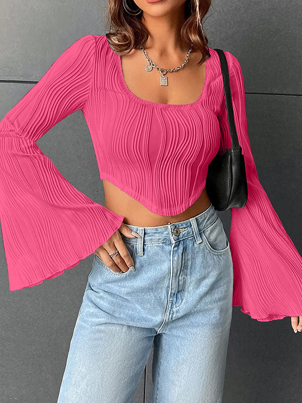 Flared Sleeves Long Sleeves Solid Color Split-Joint U-Neck T-Shirts Tops