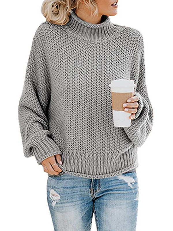 Casual Long Sleeves Solid Color High-Neck Sweater Tops