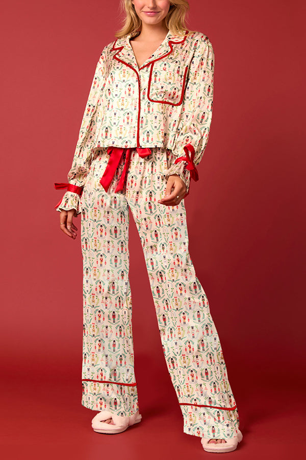 Christmas Printed Velvet Lace-up Long-sleeve Pocket Top and Elastic Waist Wide-leg Pants Set