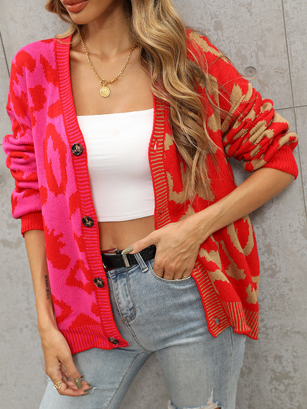 Long Sleeves Loose Buttoned Leopard Split-Joint V-Neck Cardigan Tops