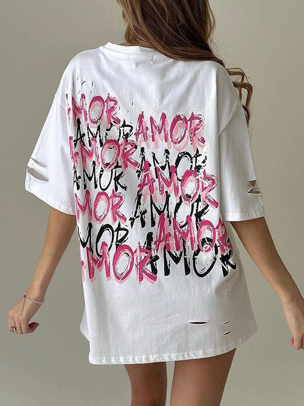 Loose Short Sleeves Contrast Color Hollow Letter Print Round-Neck T-Shirts Tops