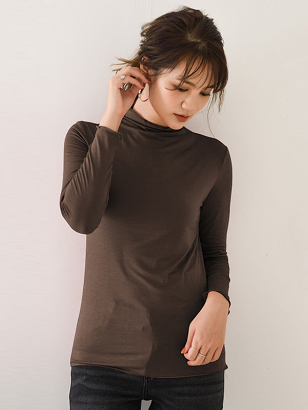 10 Colors Simple Solid Color Long Sleeves High-Neck T-Shirt Top