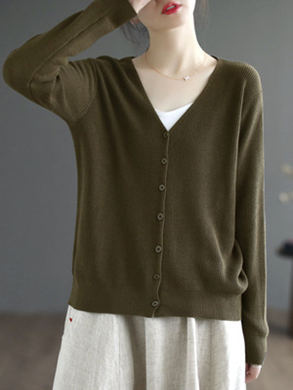 Long Sleeves Loose Solid Color V-Neck Cardigan Tops