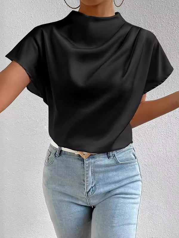 Loose Short Sleeves Pleated Solid Color Mock Neck T-Shirts Tops