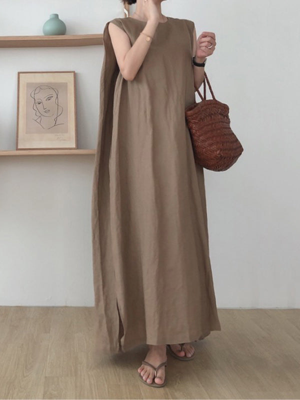 Casual Simple Solid Color Split-Side Round-Neck Sleeveless Midi Dress