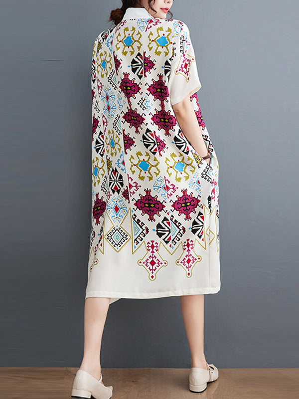 Loose Short Sleeves Ethnic Printed Lapel Midi Dresses