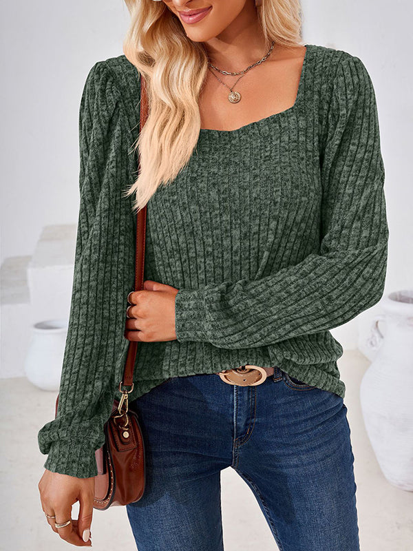 Long Sleeves Loose Solid Color Square-Neck T-Shirts Tops