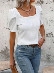 Short Sleeves Skinny Pleated Solid Color Split-Joint Square-Neck T-Shirts