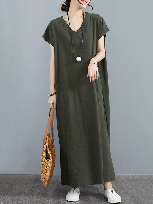 Simple Ramie Cotton Solid Color Split-Side With Pocket V-Neck Short Sleeves Maxi Dress