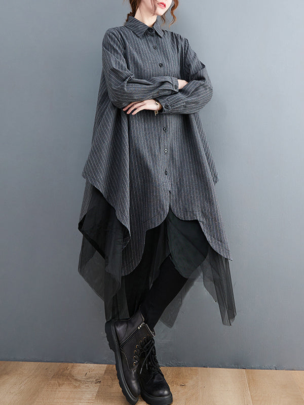 Loose Striped Gauze Split-Joint Lapel Long Dress