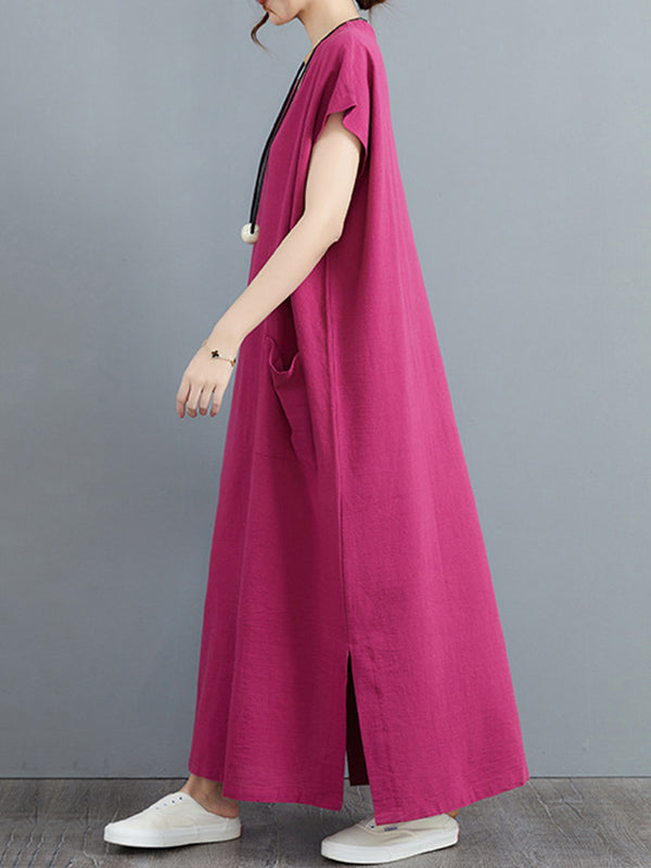 Simple Ramie Cotton Solid Color Split-Side With Pocket V-Neck Short Sleeves Maxi Dress