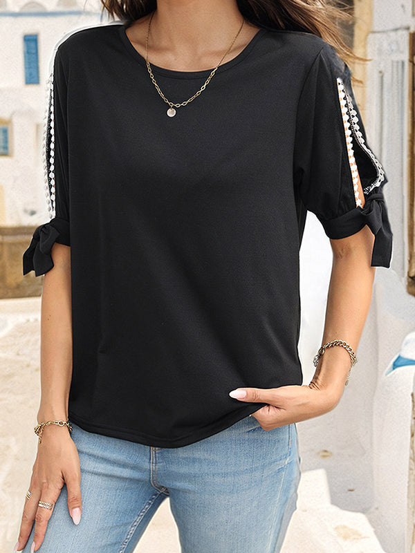 Half Sleeves Loose Hollow Split-Joint Tied Round-Neck T-Shirts Tops