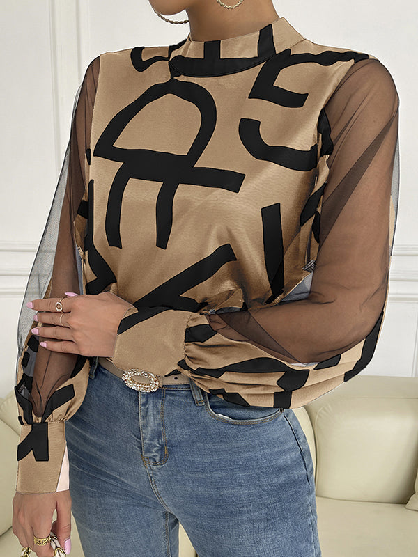 Long Sleeves Buttoned Hollow Letter Print See-Through Split-Joint Round-neck Blouses&shirts Tops Shirts Tops