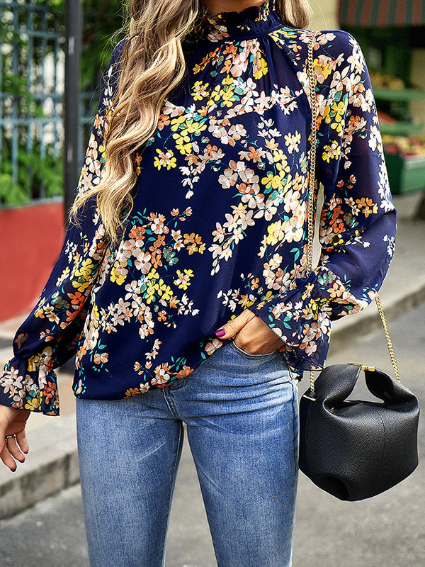 Flared Sleeves Long Sleeves Elasticity Flower Print Round-Neck Blouses&Shirts Tops