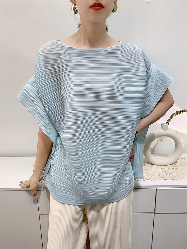 Batwing Sleeves Loose Pleated Solid Color Round-Neck T-Shirts Tops