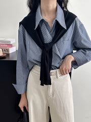 Long Sleeves Loose Asymmetric Split-Joint Striped Lapel Blouses