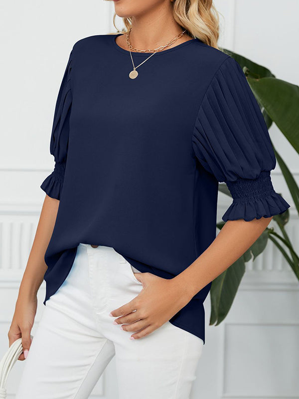 Loose Puff Sleeves Pleated Solid Color Round-Neck T-Shirts Tops