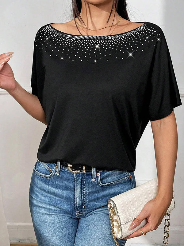 Batwing Sleeves Loose Rhinestone Split-Joint One-Shoulder T-Shirts