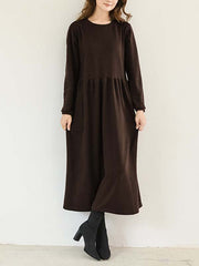 Casual Loose Long Sleeves Solid Color Round-Neck Midi Dresses