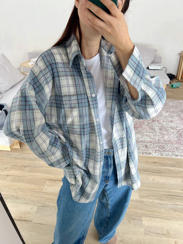 Long Sleeves Loose Buttoned Plaid Pockets Lapel Blouses&Shirts Tops Outerwear