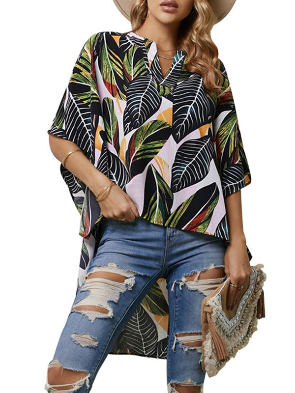 Batwing Sleeves High-low Contrast Color Flower Print Leaves Print Solid Color T-Shirts Tops