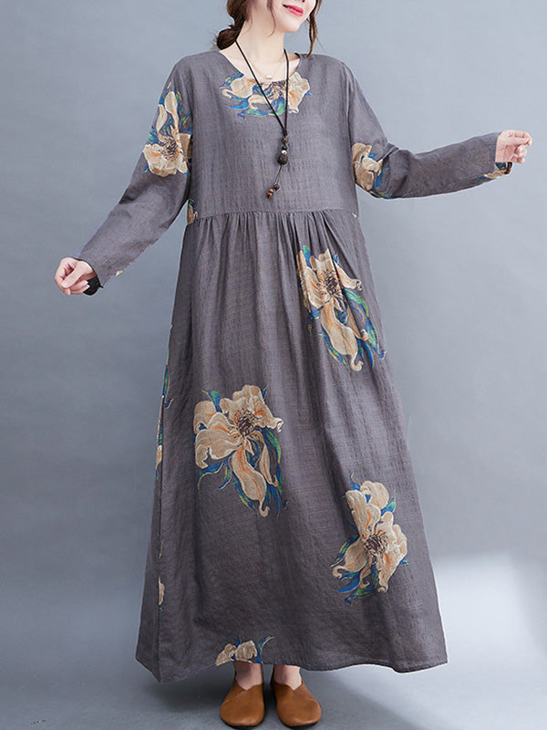 Casual Loose Pleated Flower Printed Round-Neck Long Sleeves Maxi Dress