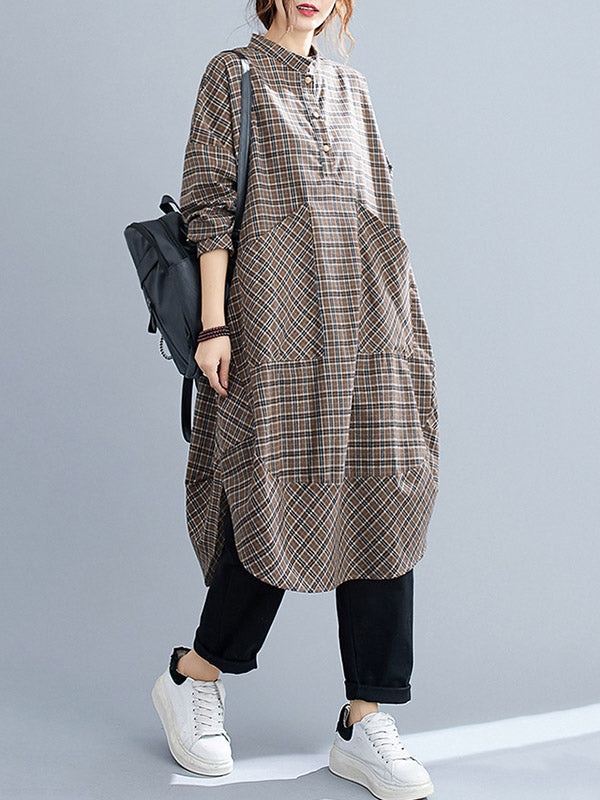 Vintage Plaid Irregularity Shirt Dresses