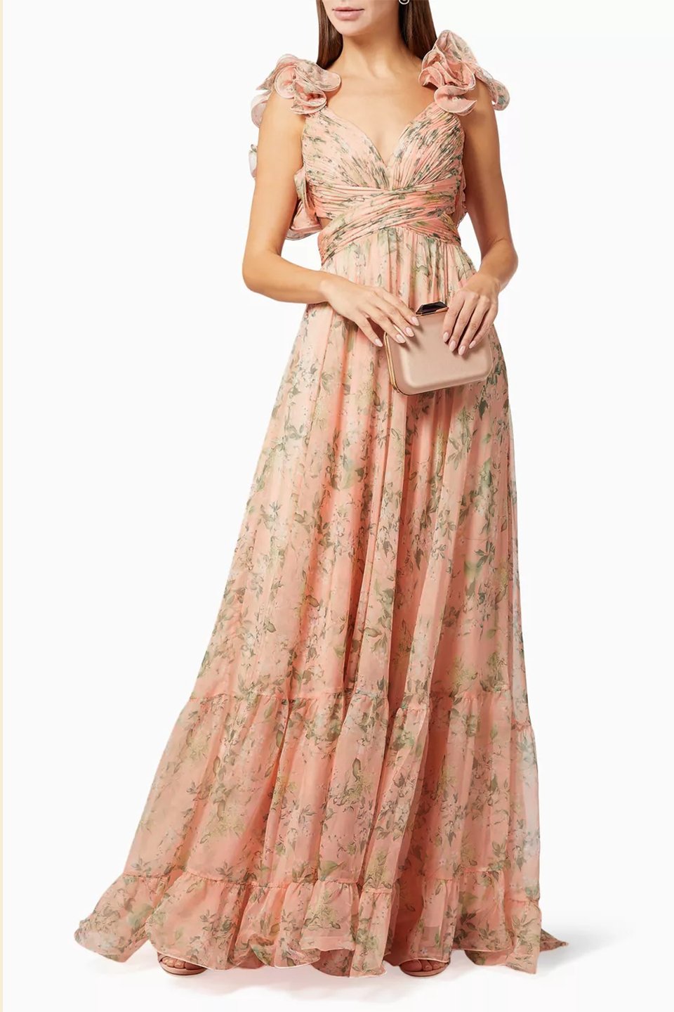 Ginny Printed Ruffle Lace Up Chiffon Maxi Dress