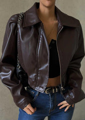 Retro Chic Zippered PU Leather Jacket – American Casual Style