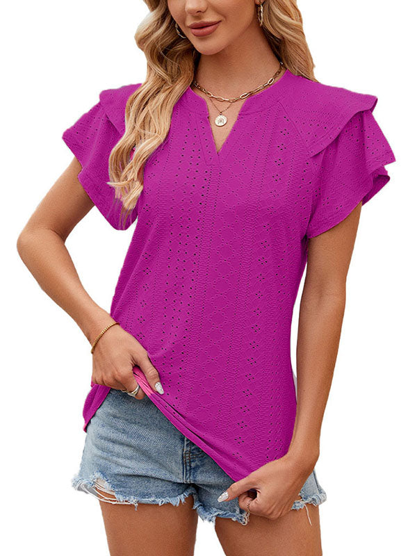 Loose Ruffle Sleeves Double Layered Hollow Jacquard Solid Color V-Neck T-Shirts Tops