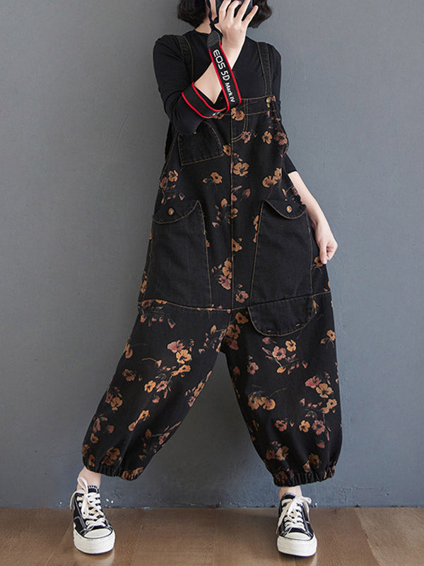 Original Floral With Pocket Harem Denim Overalls