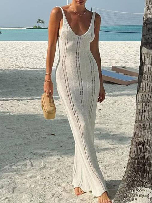 Skinny Sleeveless Backless Hollow See-Through Solid Color Split-Joint Wide Straps Maxi Dresses