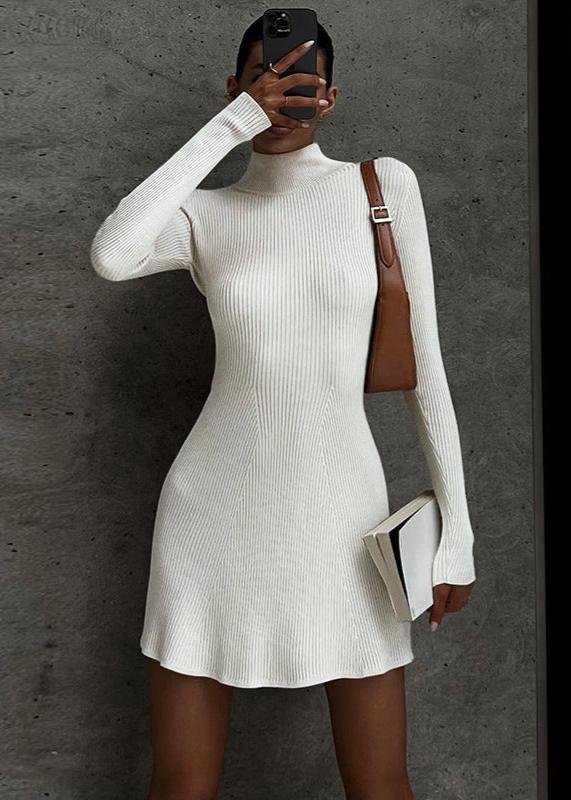 Elegant Ribbed Turtleneck Wool Dress