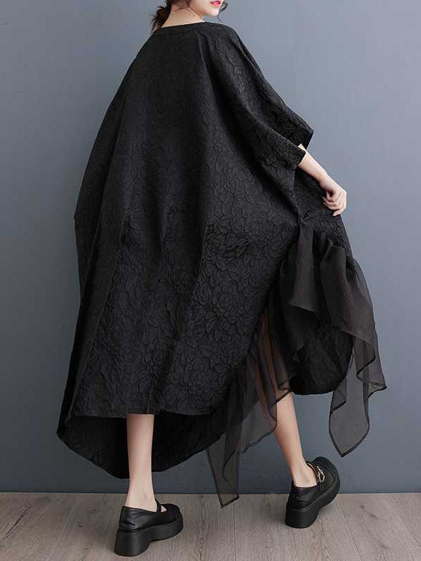 Batwing Sleeves Loose Asymmetric Flower Shape Gauze Jacquard Pleated Solid Color Split-Joint Round-Neck Midi Dresses