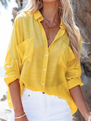 Long Sleeves Loose Buttoned Pockets Split-Joint Sun Protection Lapel Blouses&Shirts Tops